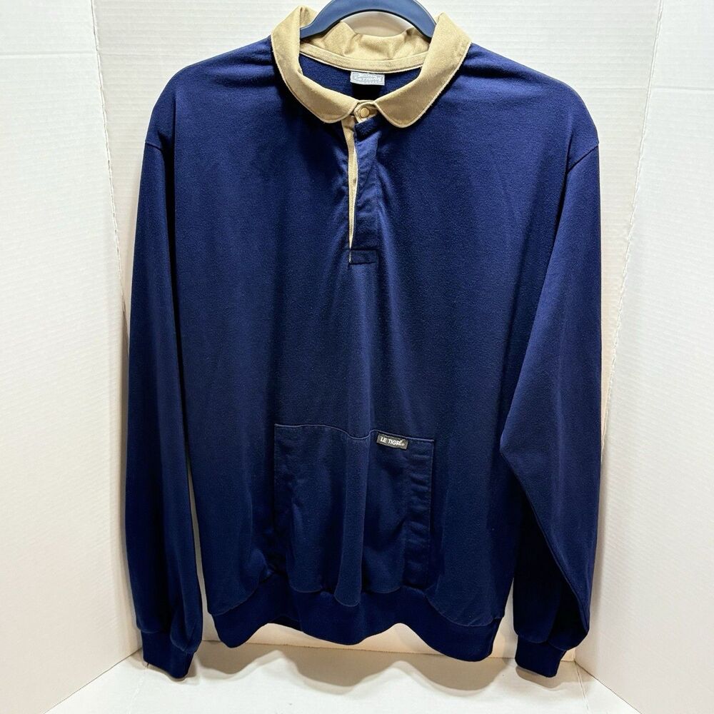 Vintage 80s Le Tigre Long Sleeve Rugby Polo Sweatshirt Men’s XL Made in USA Blue